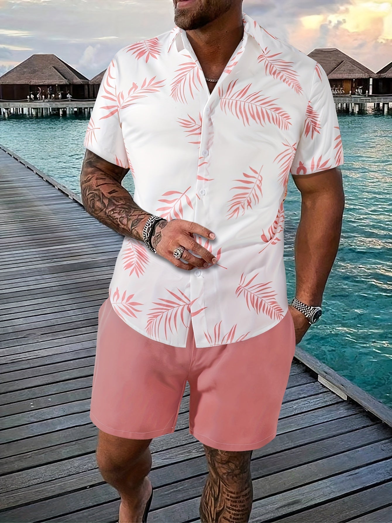 Herren Set Blätterdruck Hemd Shorts 100% Baumwolle
