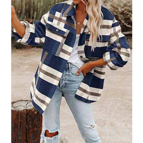 Cristi | Damen Lassige Plaid Kragen Jacke | Übergröße