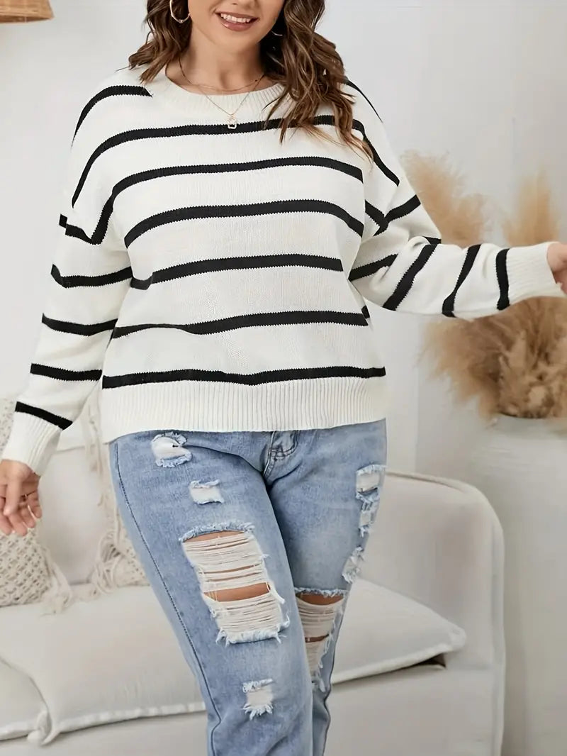 Julia - Lässiger Schwarz Weißer Lockerer Strickpullover für Damen
