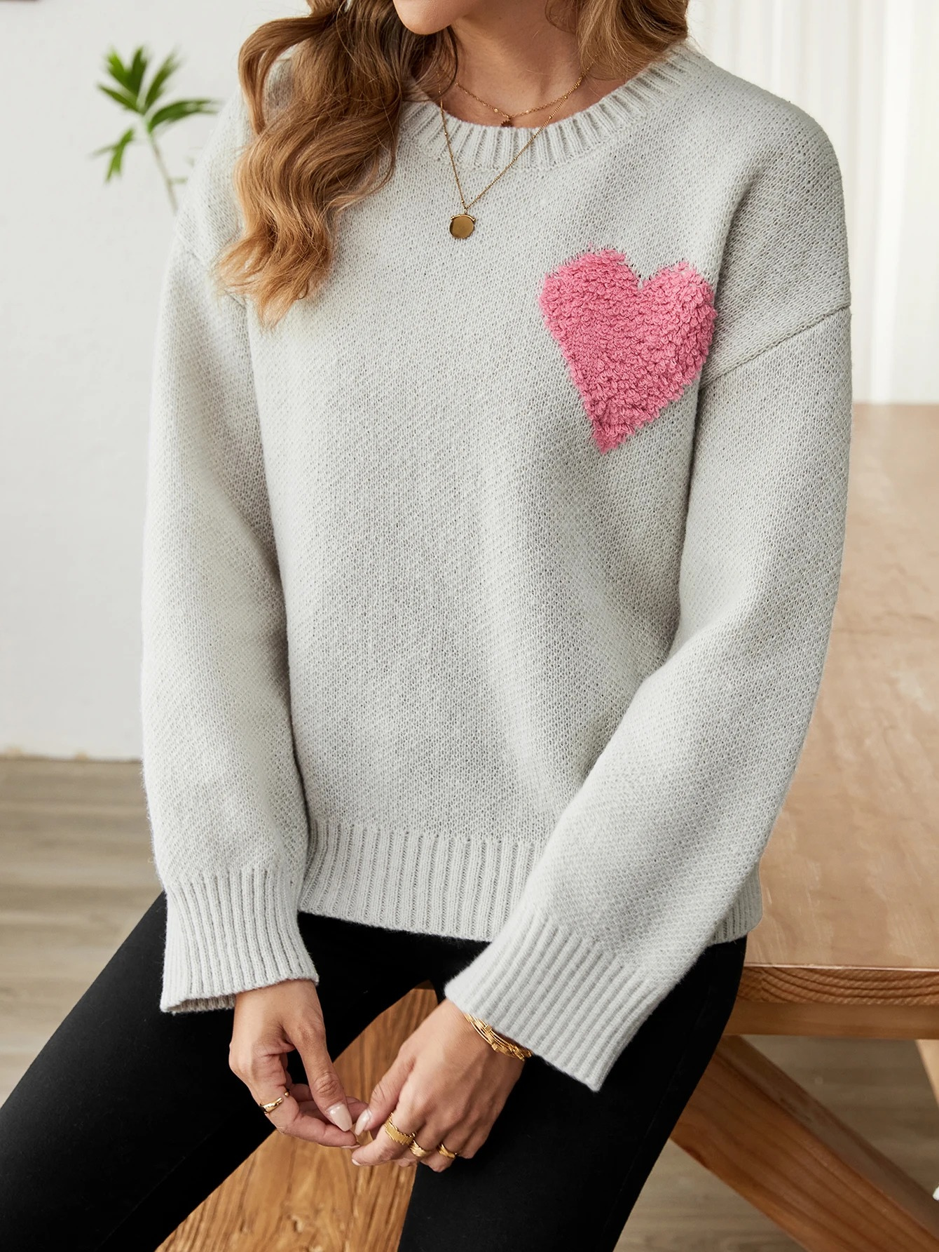 Leilani - Warme und Gemütliche Dunkelgrau Trui mit Herzdesign für Winter für Damen