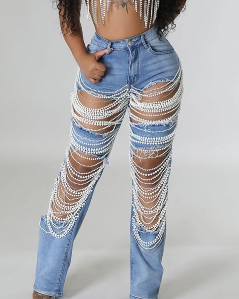 Zerrissene Jeans mit Verwaschenem Perlenkettenanhänger für Damen