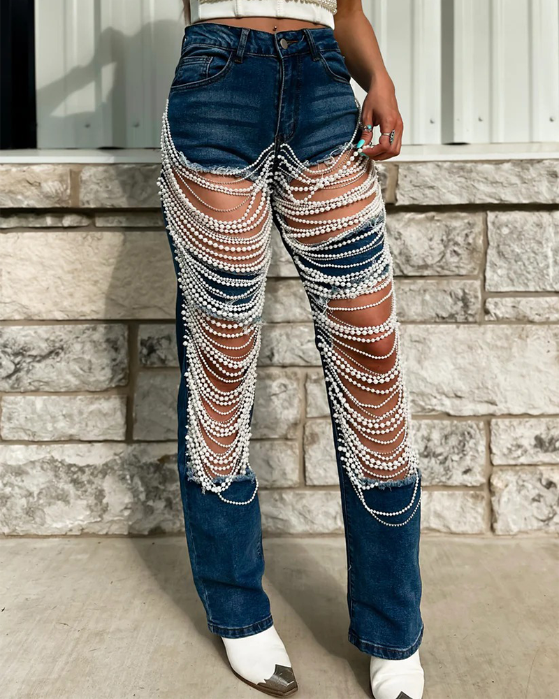 Zerrissene Jeans mit Verwaschenem Perlenkettenanhänger für Damen