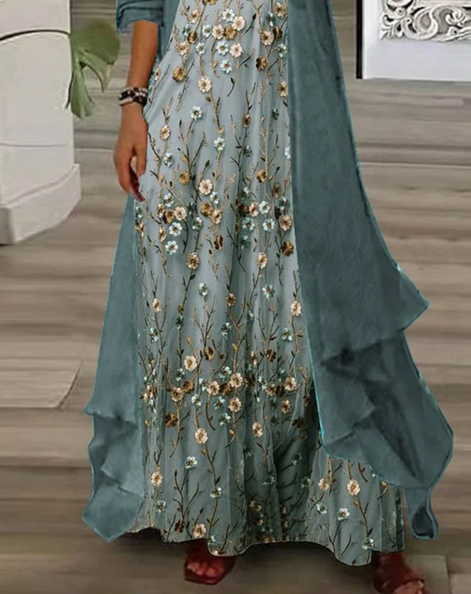 Youthful Ditsy Floral Print Maxi Kleid mit dünnen Jacke zwei Stück Outfits