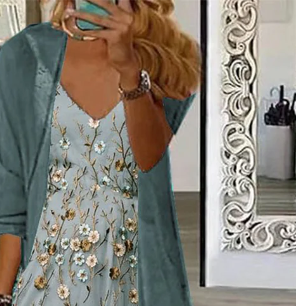 Youthful Ditsy Floral Print Maxi Kleid mit dünnen Jacke zwei Stück Outfits