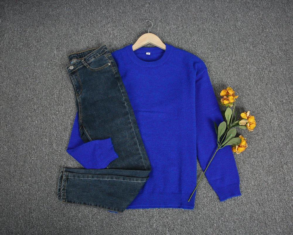 Lässig Blau Einfarbig Rundhalsausschnitt Langarmpullover