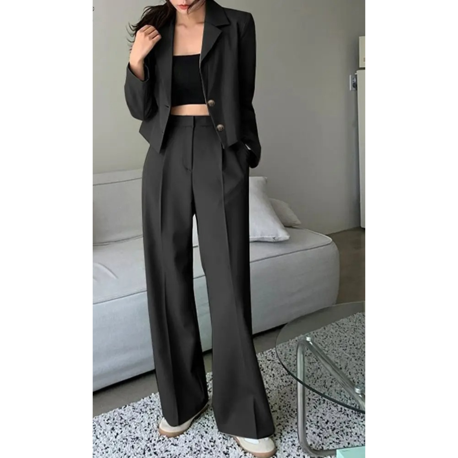 Chelz – Vintage-Langarm-Top mit Hosen-Blazer-Set