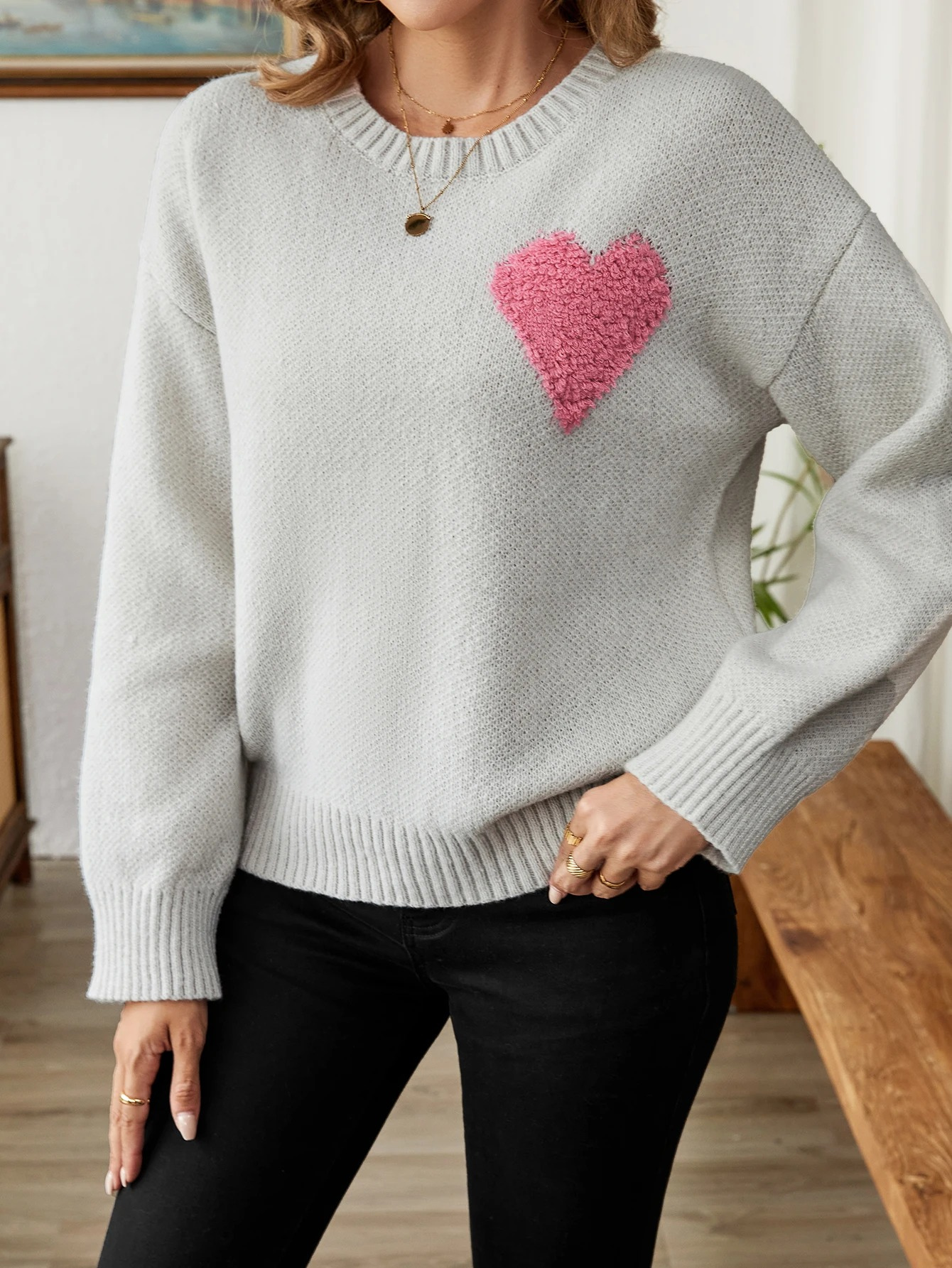 Leilani - Warme und Gemütliche Dunkelgrau Trui mit Herzdesign für Winter für Damen
