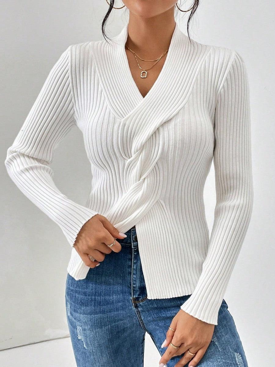 Weißer einfarbiger Pullover mit V-Ausschnitt und langen Ärmeln