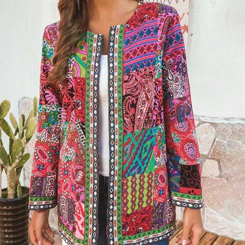 Boho Patchwork Damenjacke – Farbenfrohe, Lange Strickjacke mit Ethno-Muster – Vintage Cardigan für Frühling & Herbst