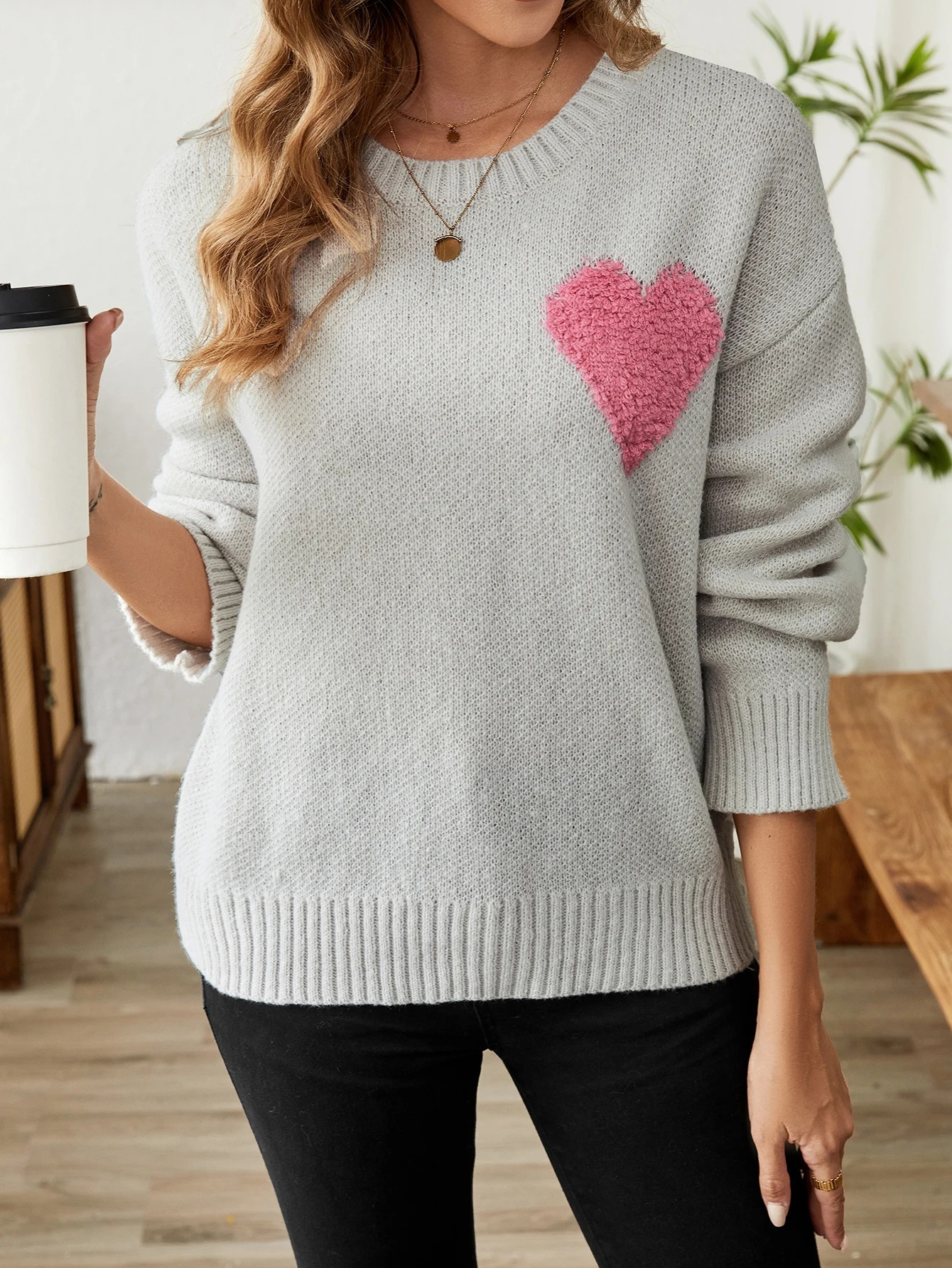 Leilani - Warme und Gemütliche Dunkelgrau Trui mit Herzdesign für Winter für Damen