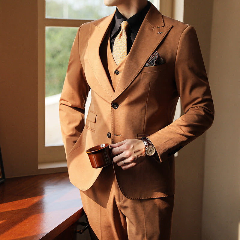 Herrenanzug Leinen Dreiteilig Slim Fit für Hochzeit und Formalanlässe