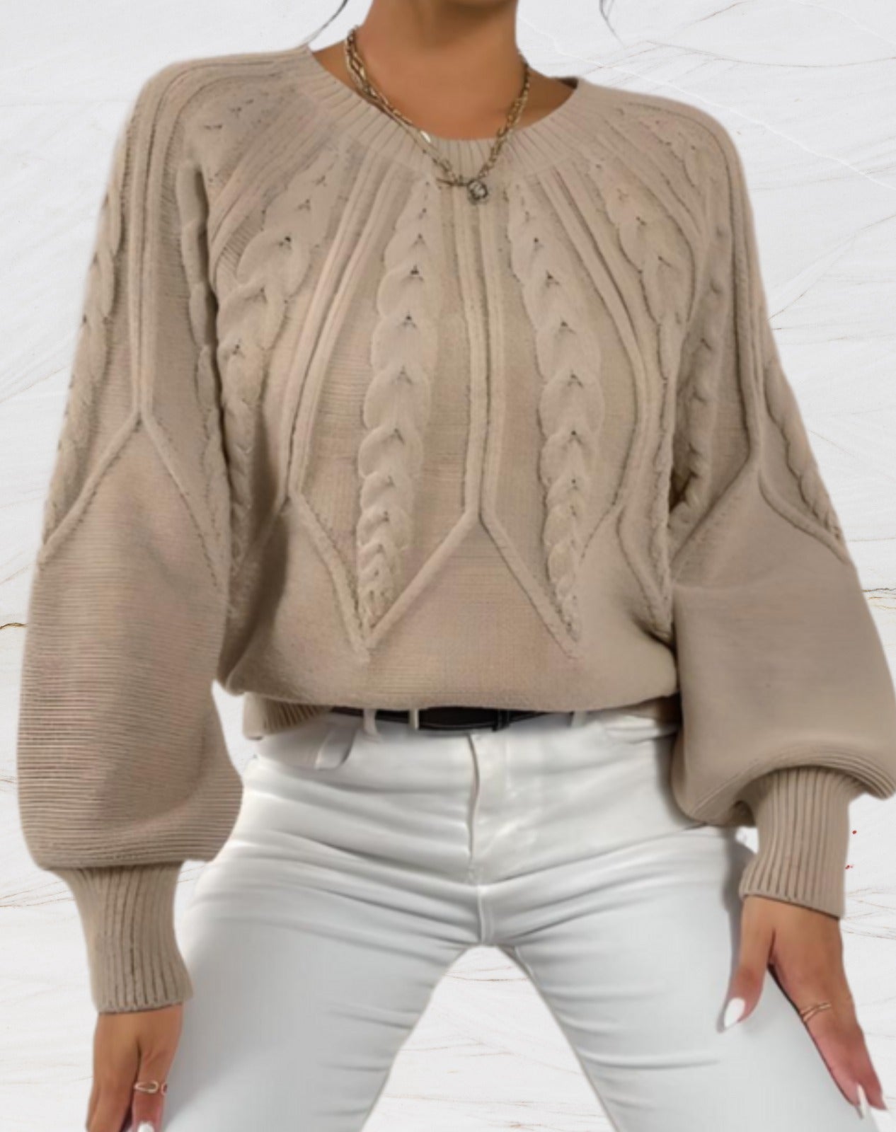 Brenda - Schicker Rundhals Strick-Winterpullover in Beige für Damen