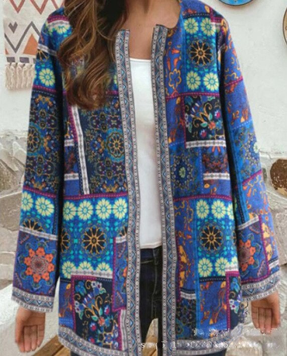 Boho Patchwork Damenjacke – Farbenfrohe, Lange Strickjacke mit Ethno-Muster – Vintage Cardigan für Frühling & Herbst
