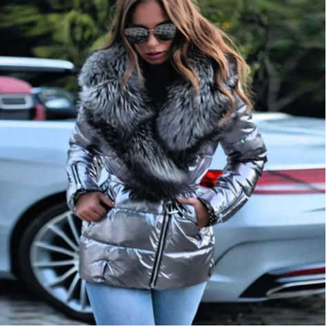 Gracelle | Damen Mode Winter Silber Mante | Kurz