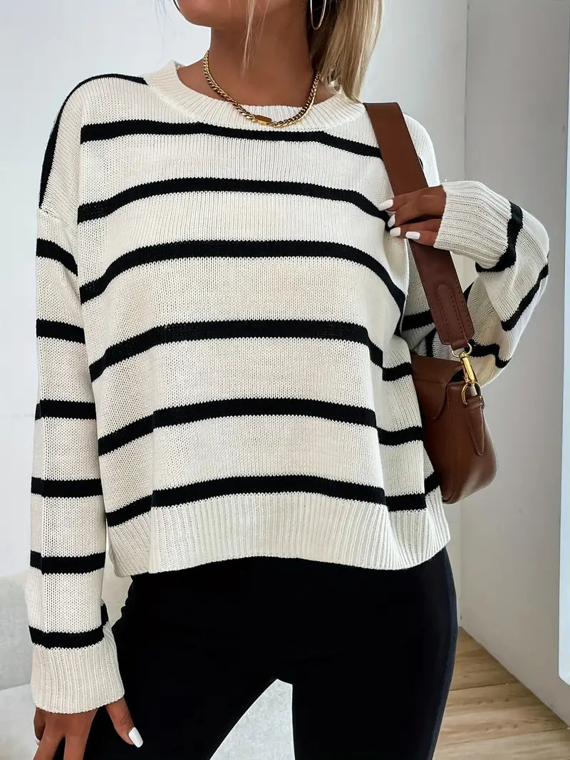 Julia - Lässiger Schwarz Weißer Lockerer Strickpullover für Damen