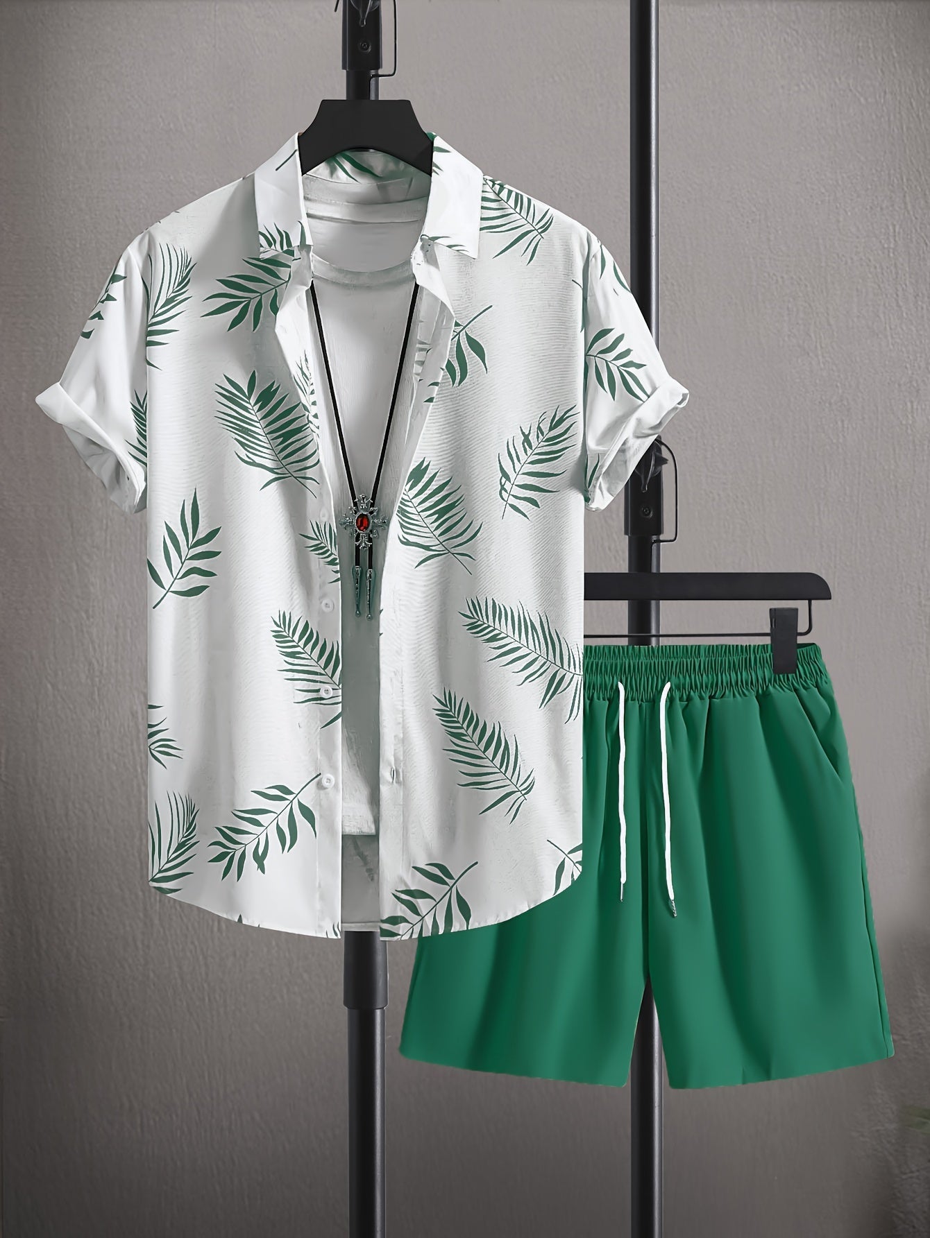Herren Set Blätterdruck Hemd Shorts 100% Baumwolle