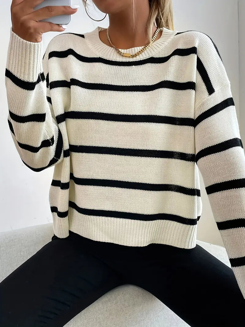 Julia - Lässiger Schwarz Weißer Lockerer Strickpullover für Damen