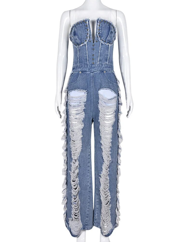 Douce – Denim-Overall mit offener Schulter für Damen
