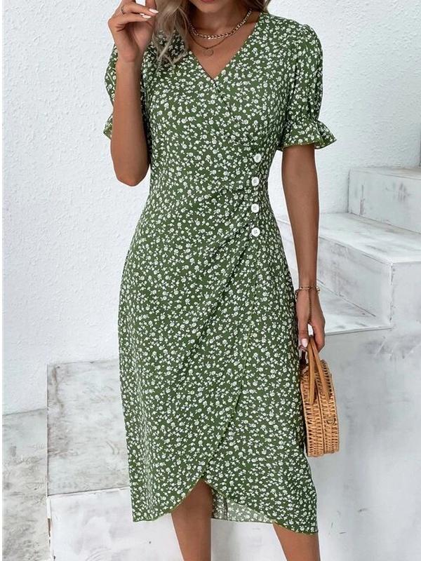 Kurzärmeliges Midikleid mit grünem Blumendruck und Knopfleiste
