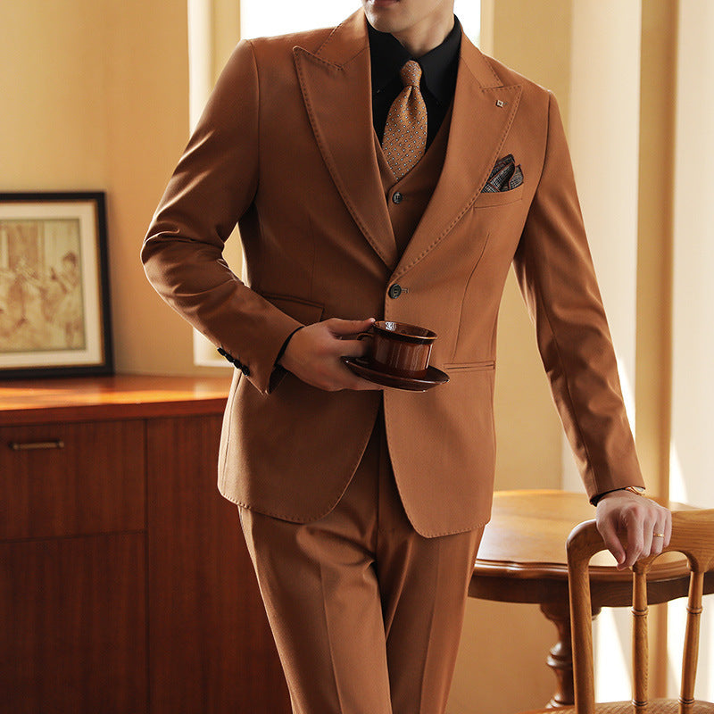 Herrenanzug Leinen Dreiteilig Slim Fit für Hochzeit und Formalanlässe