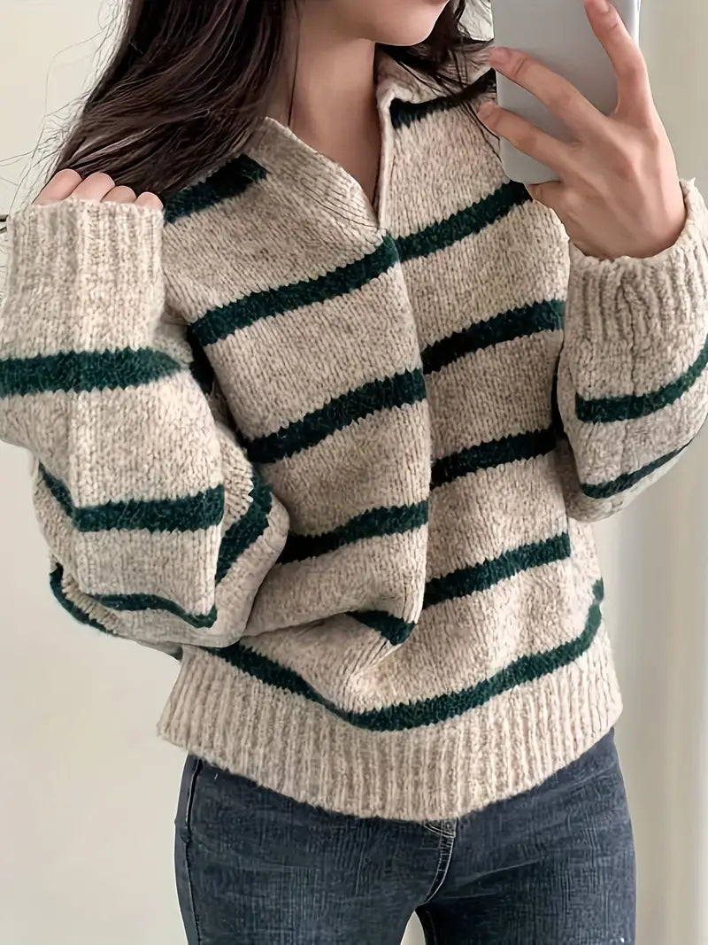 Jules - Mühelose Eleganz Gestreifter V-Ausschnitt Strickpullover