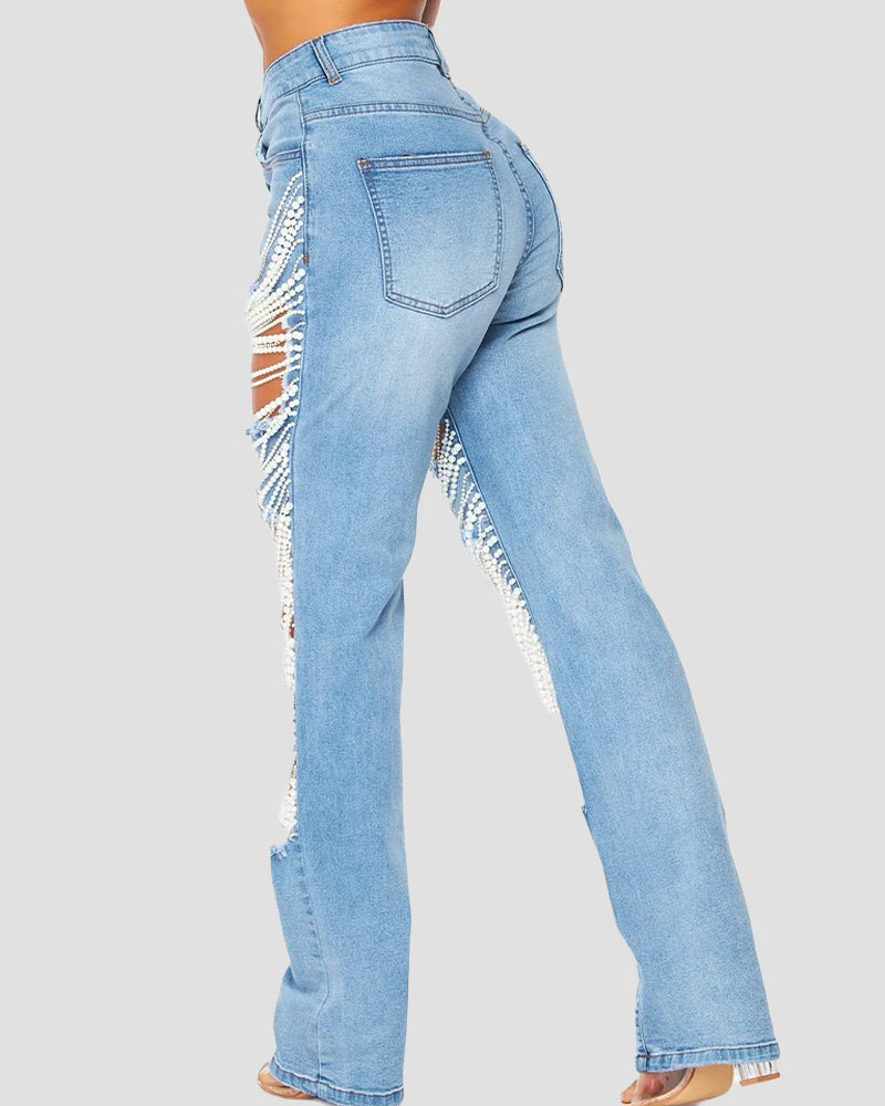 Zerrissene Jeans mit Verwaschenem Perlenkettenanhänger für Damen