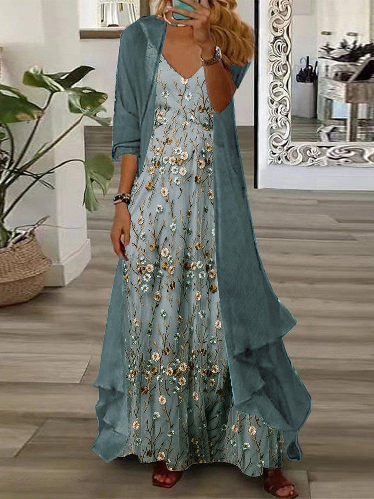 Youthful Ditsy Floral Print Maxi Kleid mit dünnen Jacke zwei Stück Outfits