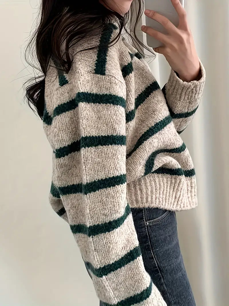 Jules - Mühelose Eleganz Gestreifter V-Ausschnitt Strickpullover