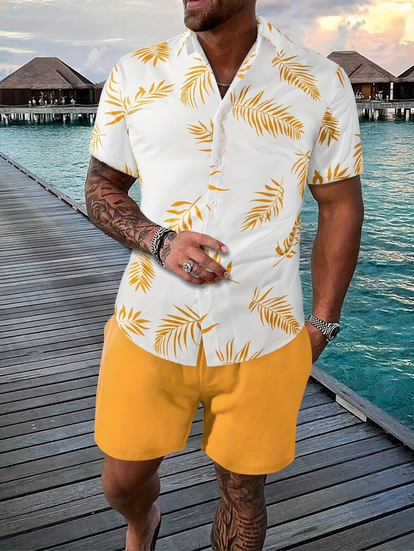 Herren Set Blätterdruck Hemd Shorts 100% Baumwolle