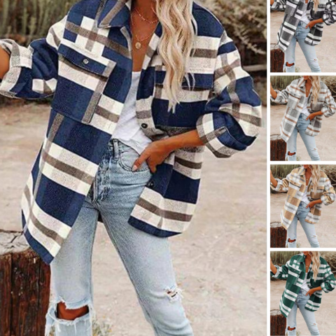 Cristi | Damen Lassige Plaid Kragen Jacke | Übergröße