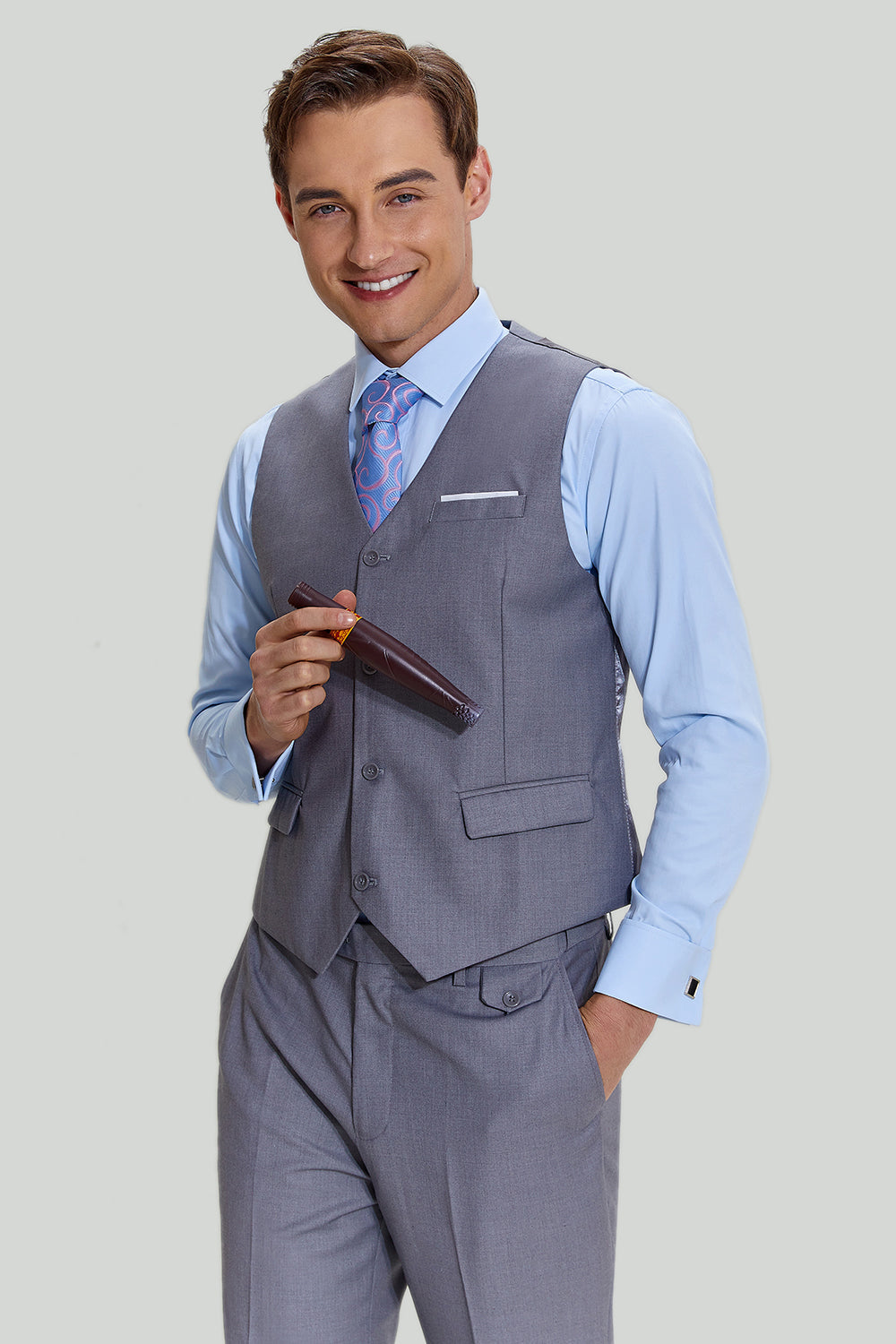 Herrenanzug Grau 3-teilig Polyester Gekerbt für Hochzeit und Formelle Anlässe