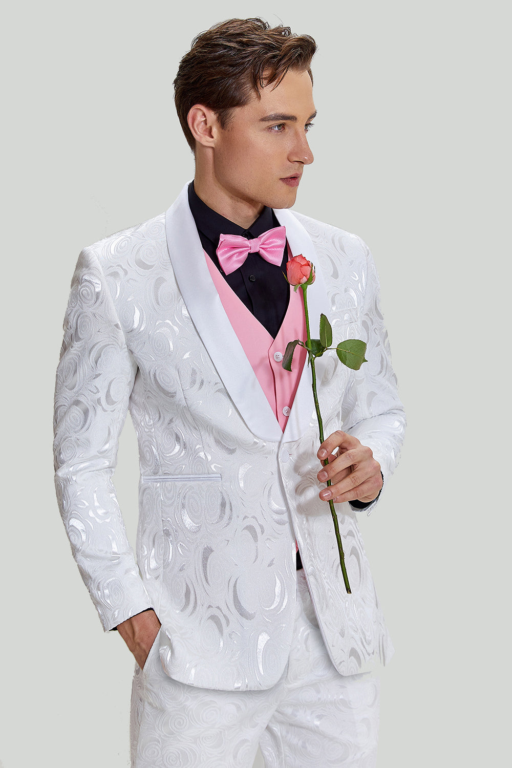Herrenanzug Weiß Jacquard Satin für Hochzeit und formelle Anlässe