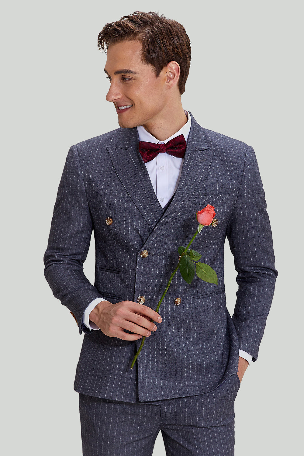 Herrenanzug Grau 3-teilig Polyester Nadelstreifen für Hochzeit und formelle Anlässe