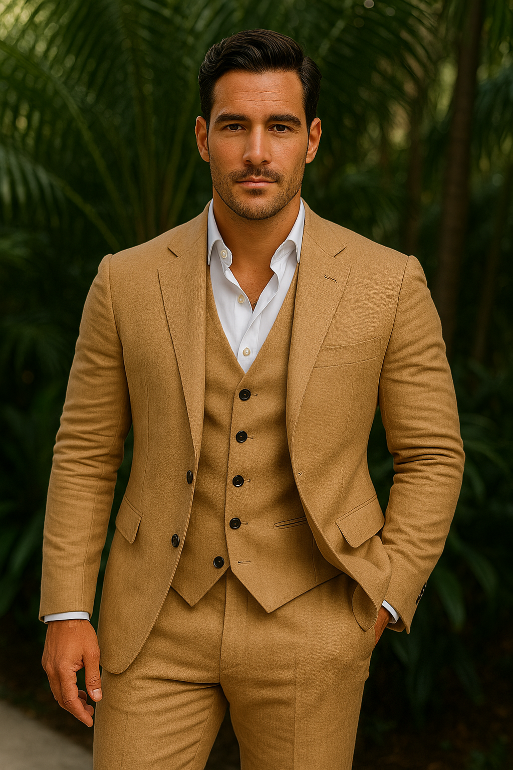 Herrenanzug Leinen Dreiteilig Blazer Weste Hose für Hochzeit