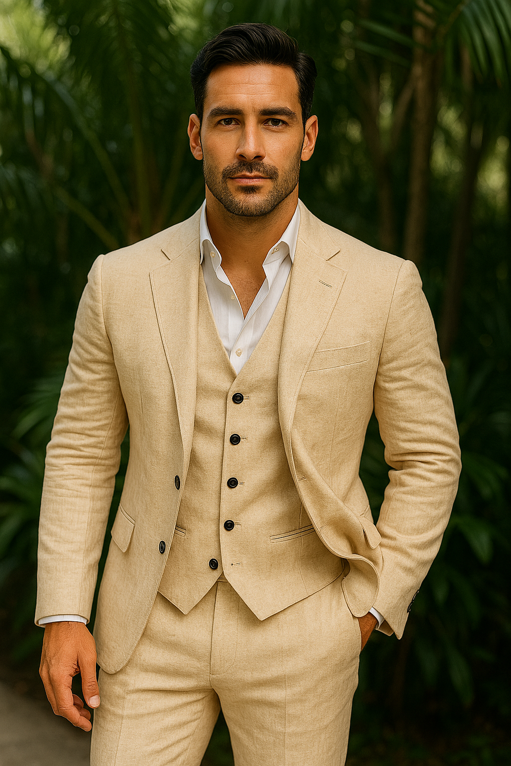 Herrenanzug Leinen Dreiteilig Blazer Weste Hose für Hochzeit