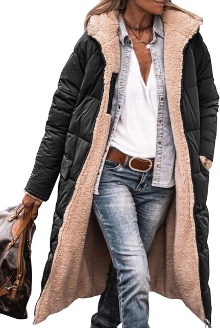 Kuschelig warmer Damen Mantel aus Sherpa-Fleece mit Kapuze