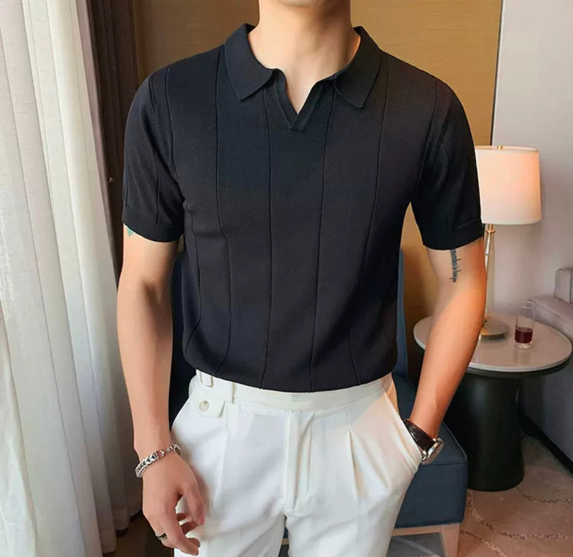 Herren Poloshirt – Weiß, Feine Streifen, Atmungsaktiv & Elegant für Freizeit & Business