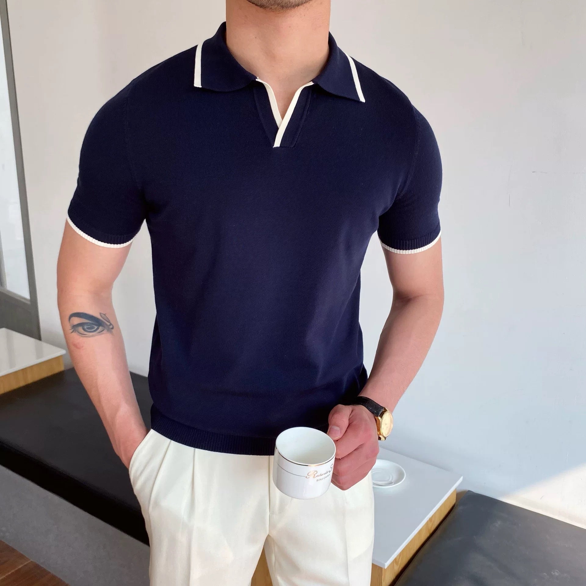 Alessandro Herren Polo Shirt – Elegantes Strick-Poloshirt in Creme mit Kontrastdetails