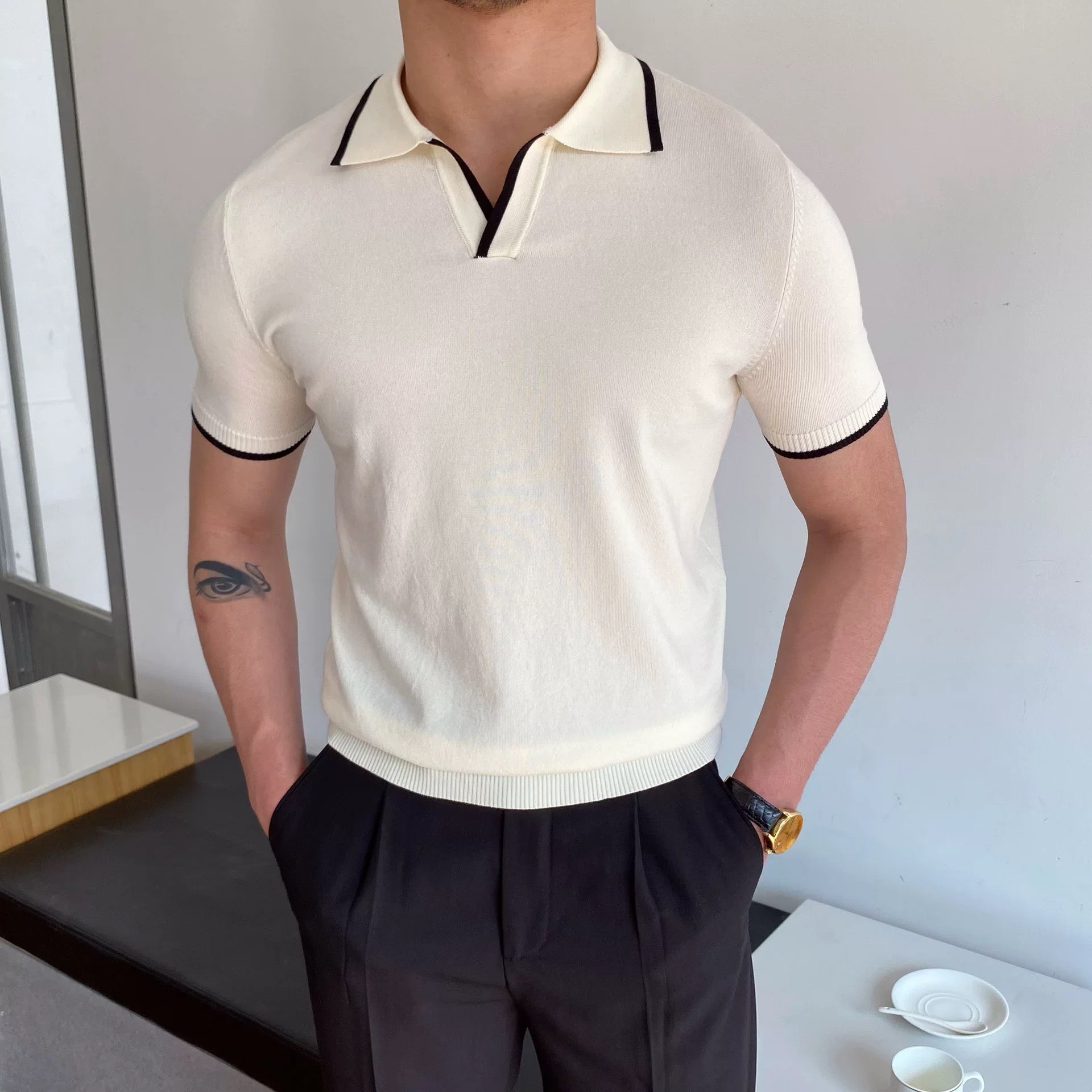 Alessandro Herren Polo Shirt – Elegantes Strick-Poloshirt in Creme mit Kontrastdetails