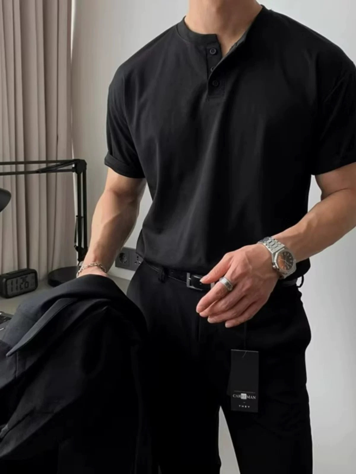 Herren Henley-Shirt Schwarz – Kurzarm, Slim Fit & Vielseitig für Freizeit & Casual-Looks
