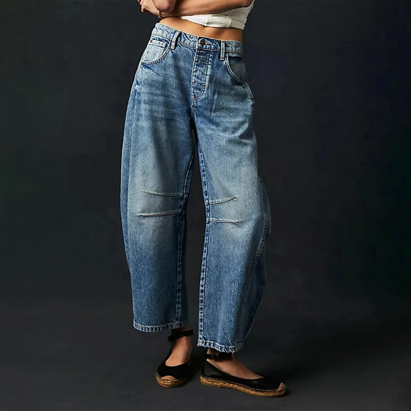Weite Beinjeans Damen Blau Baumwolle