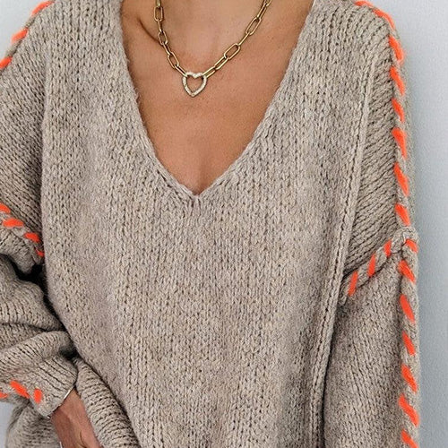 Langärmeliger Pullover mit V-Ausschnitt und Baggy-Print