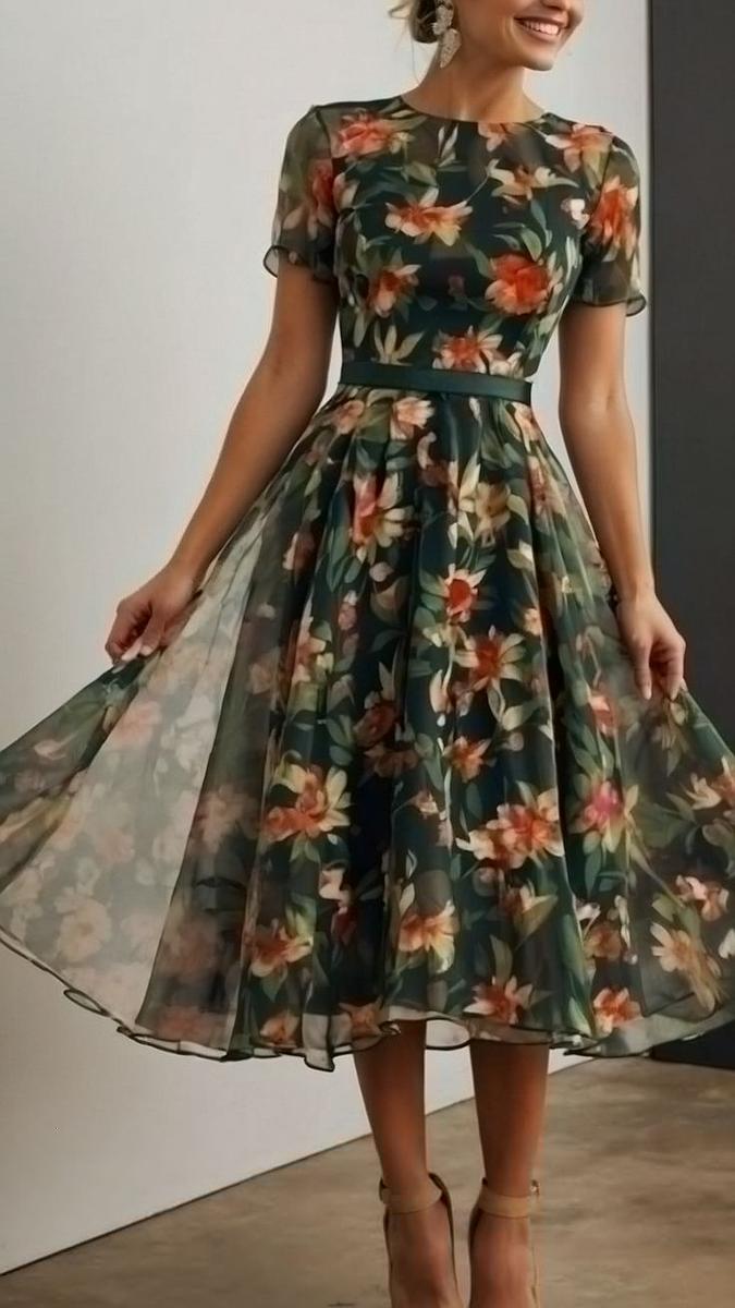 Kurzärmeliges Midikleid mit Blumenmuster im Vintage-Look