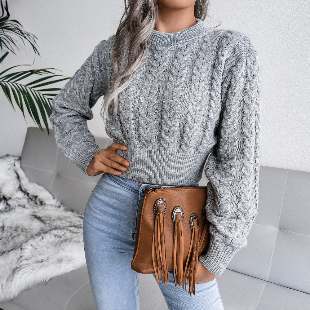Ira - Schicker Winter Stilvolle Graue Crop Pullover mit Muster für Damen
