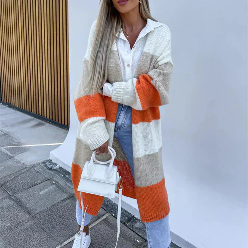 Joyce - Lässiger Herbst Color Block Offene Front Strickjacke für Damen
