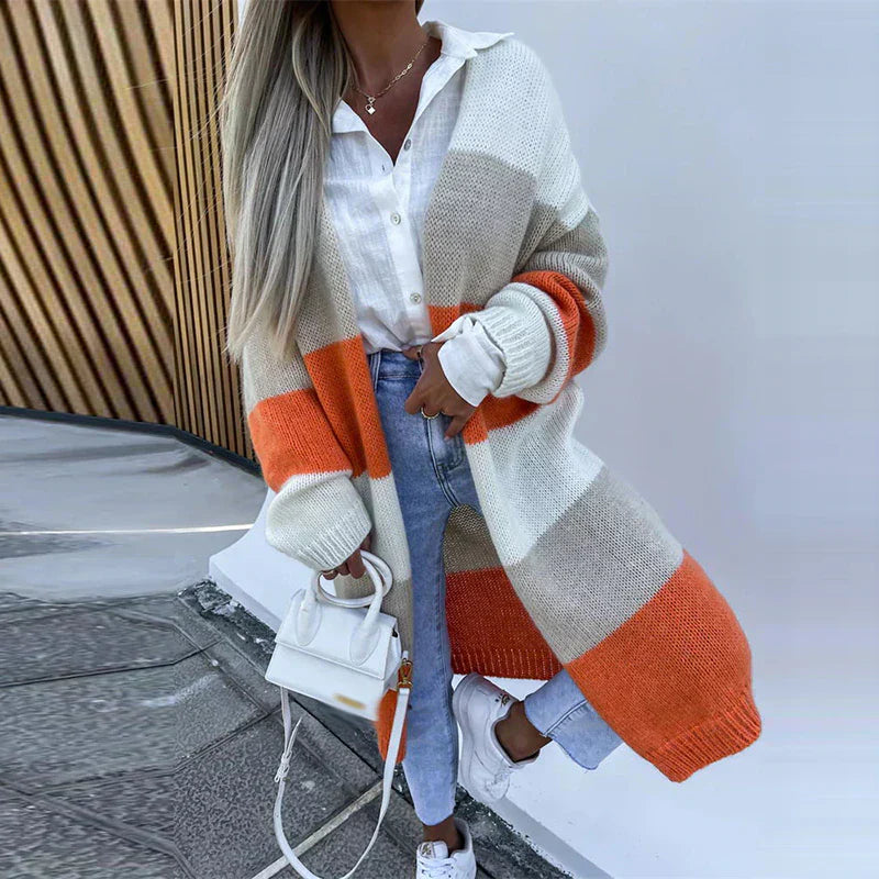 Joyce - Lässiger Herbst Color Block Offene Front Strickjacke für Damen