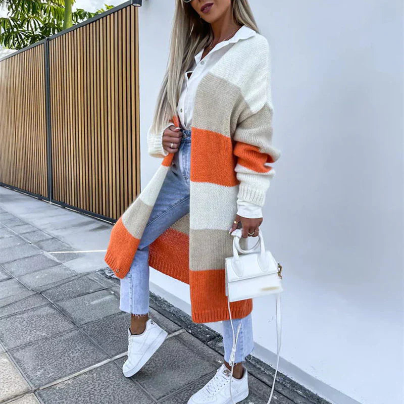 Joyce - Lässiger Herbst Color Block Offene Front Strickjacke für Damen