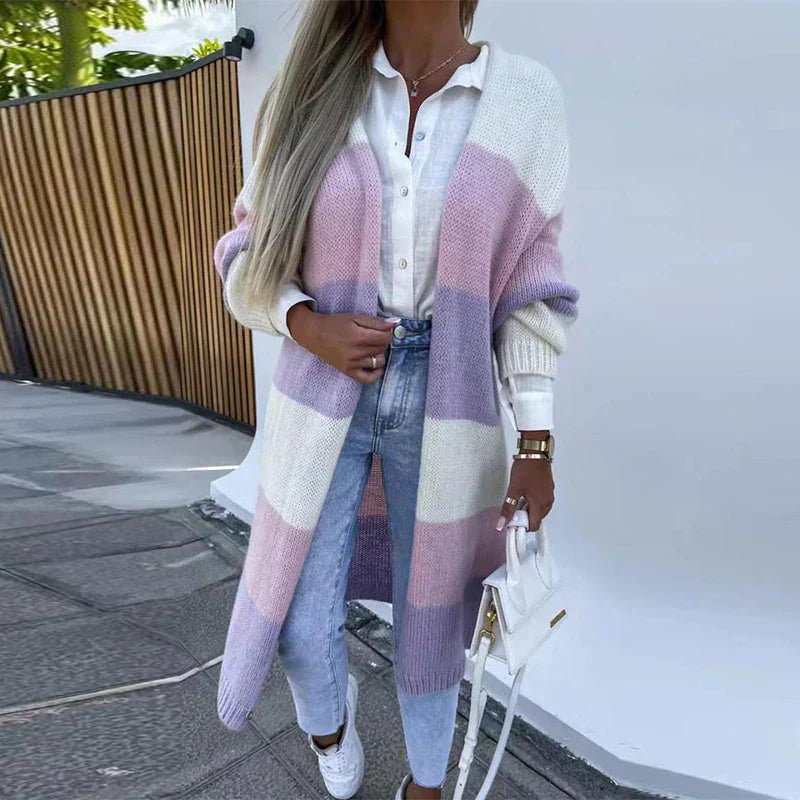 Joyce - Lässiger Herbst Color Block Offene Front Strickjacke für Damen