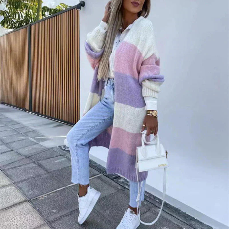 Joyce - Lässiger Herbst Color Block Offene Front Strickjacke für Damen