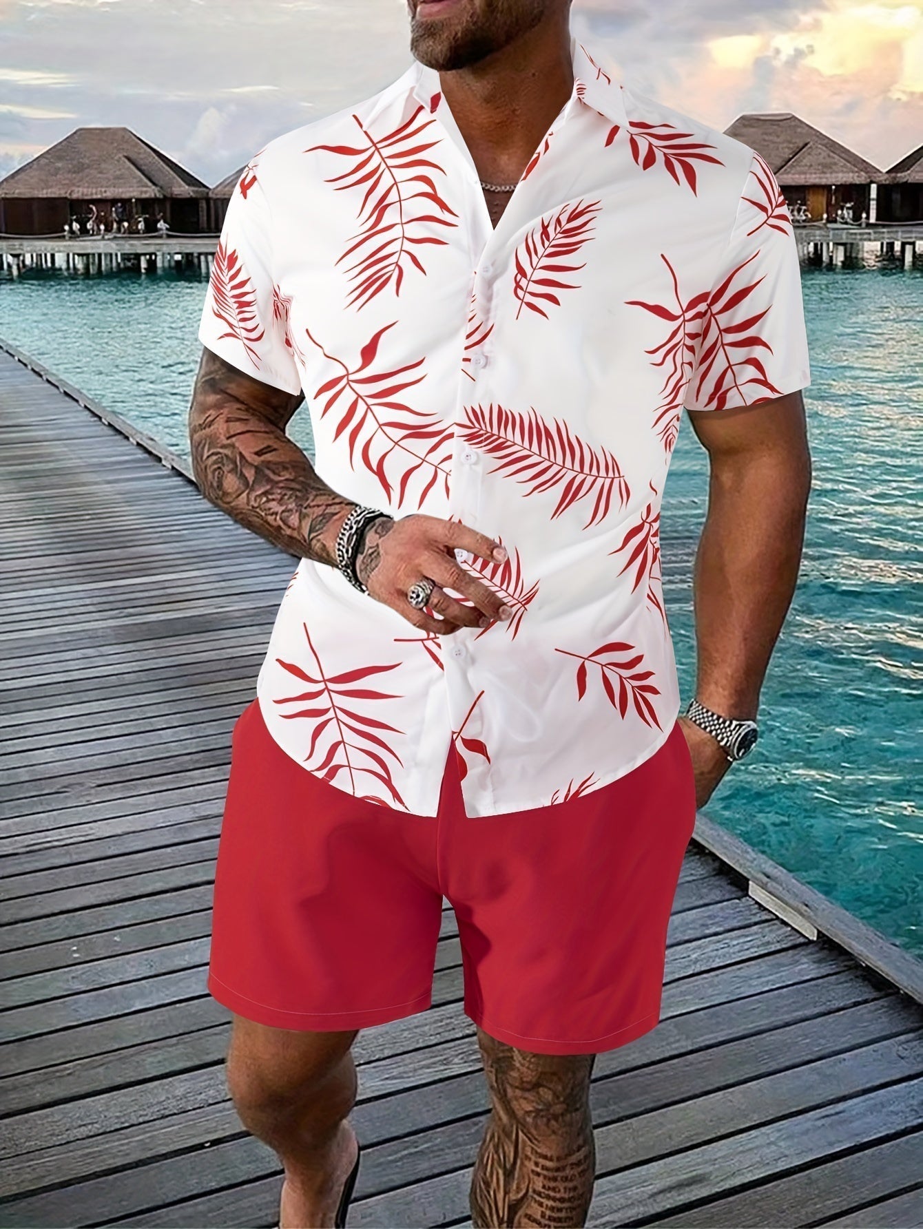 Herren Set Blätterdruck Hemd Shorts 100% Baumwolle